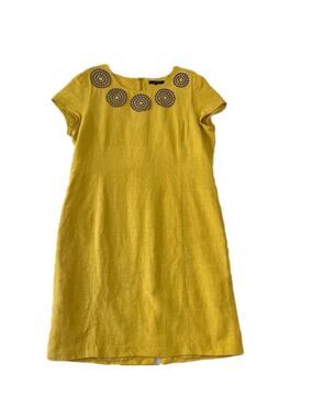 JAEGER silk cotton midi dress short Sleeve yellow mustard appliqué flattering 14